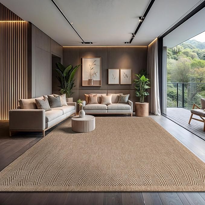  Large neutral woven area rug in a Japandi-style living room with minimalist furniture, soft lighting, and natural greenery.