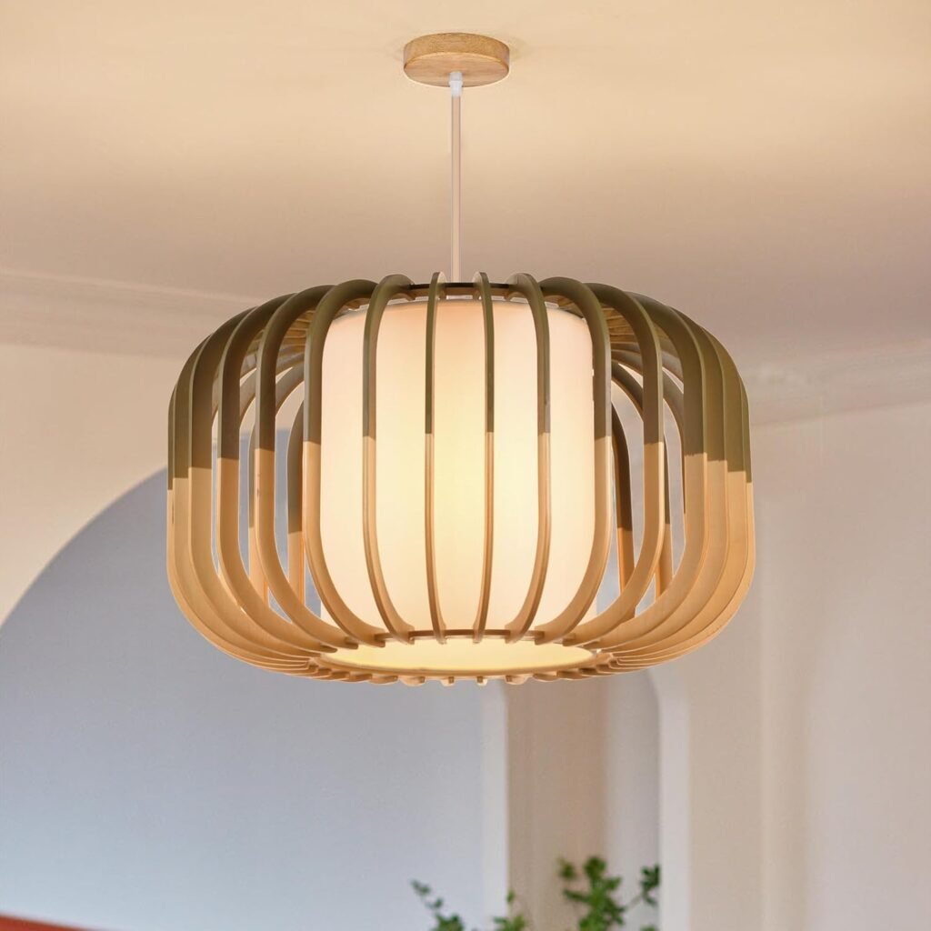 Sculptural wooden cage pendant light with modern Japandi design