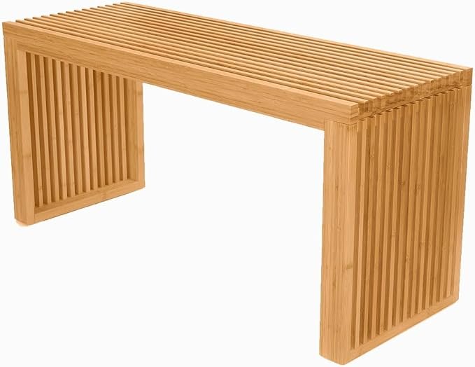 Modern slatted bamboo bench with clean lines, perfect for Japandi or minimalist home decor.