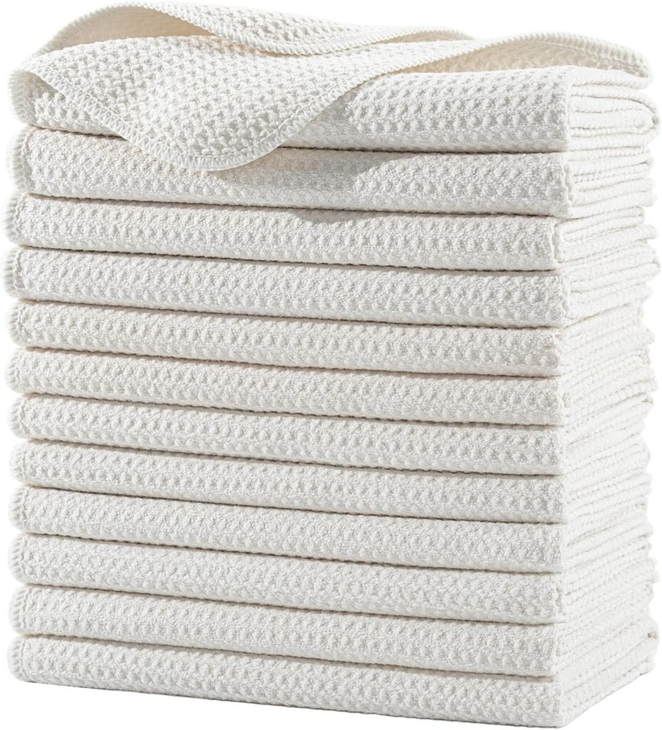 stack of neutral waffle knit dish towels for an organic modern kitchen