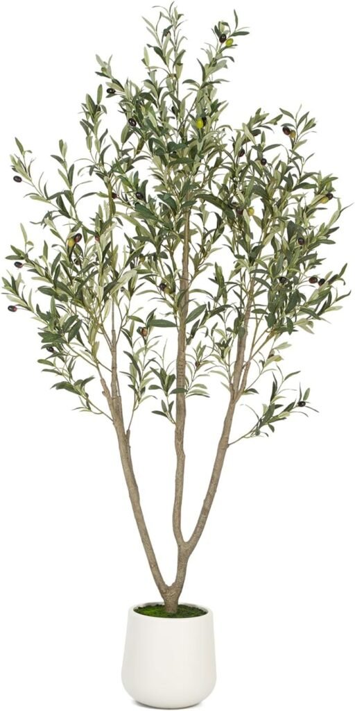 Realistic faux olive tree in a white planter with lifelike branches, green leaves, and small olives, perfect for organic modern interiors.