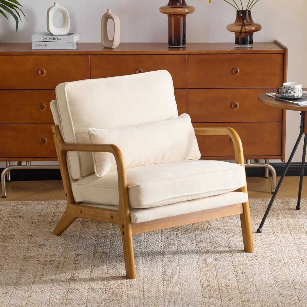Japandi-style armchair with a solid wood frame, plush cream cushions, and mid-century inspired design.