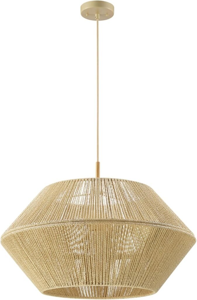 Geometric woven natural fiber pendant light, Japandi style statement lighting