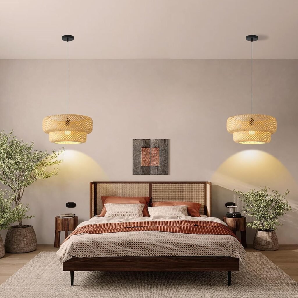 Pair of double-layer woven rattan pendant lights in a Japandi bedroom
