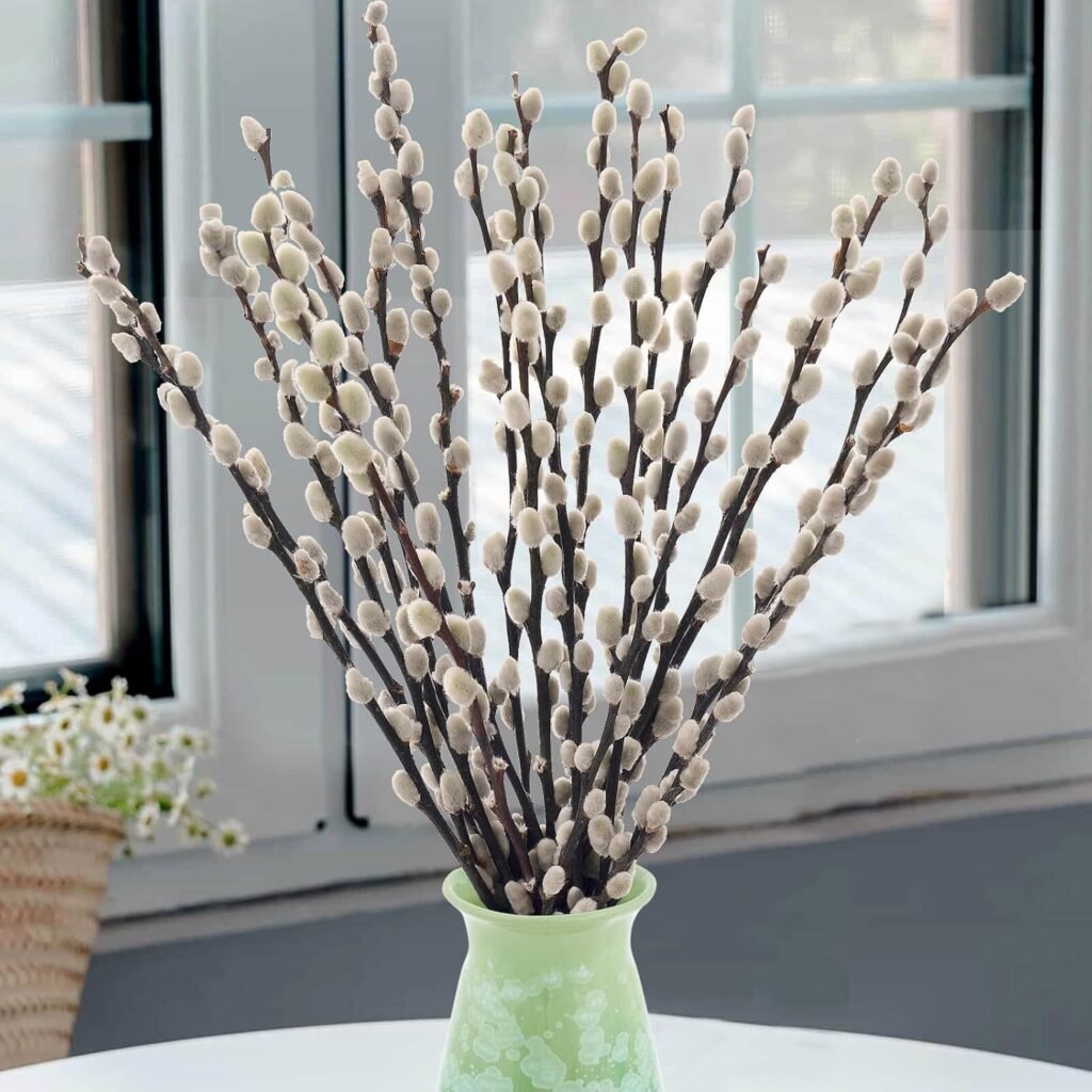 Vase filled with pussy willow branches displayed on a table by a window in a Japandi-inspired home.