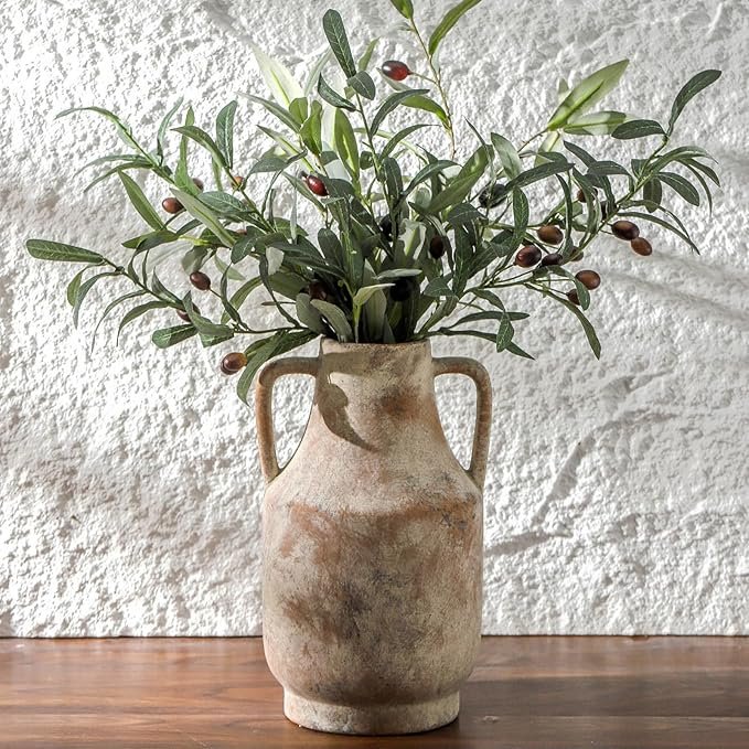 Rustic two-handled terracotta vase with faux olive branches and small dark olives.