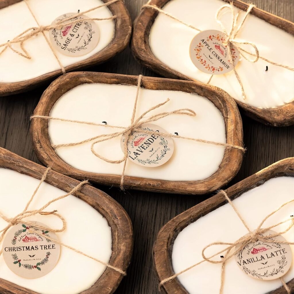 rustic wooden dough bowl candles tied with twine and seasonal fall fragrance labels