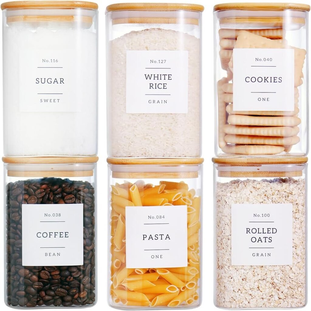 glass pantry storage jars with bamboo lids labeled sugar rice cookies coffee pasta oats