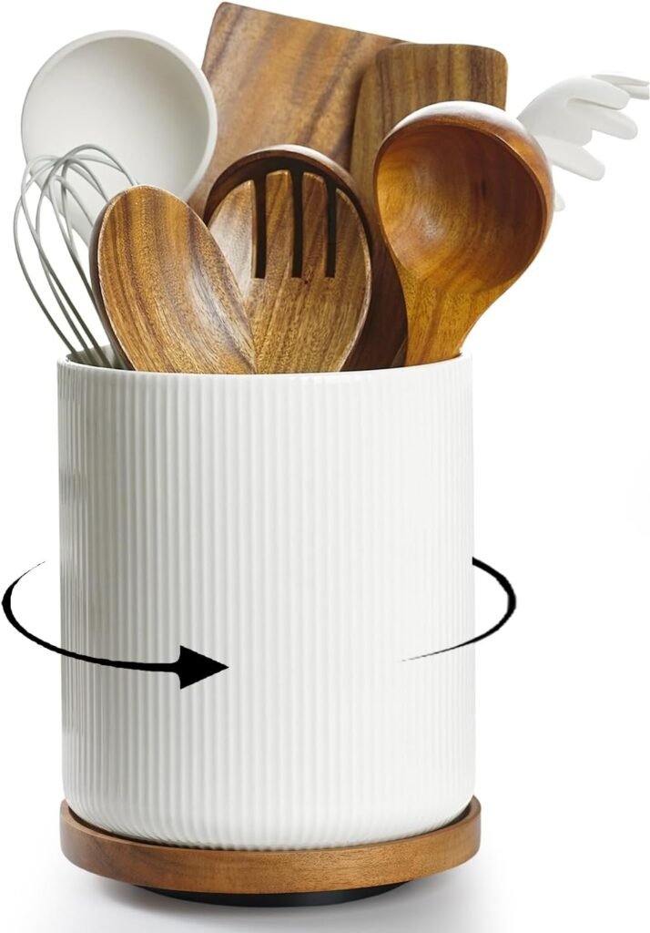 white ceramic rotating utensil holder with wooden cooking utensils in organic modern kitchen