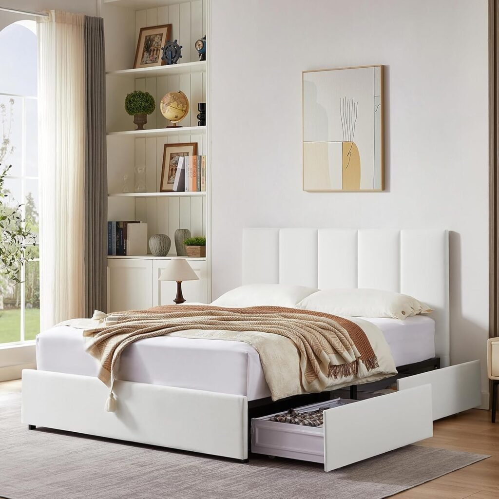 modern upholstered bed with built-in storage drawers styled in a neutral organic modern bedroom