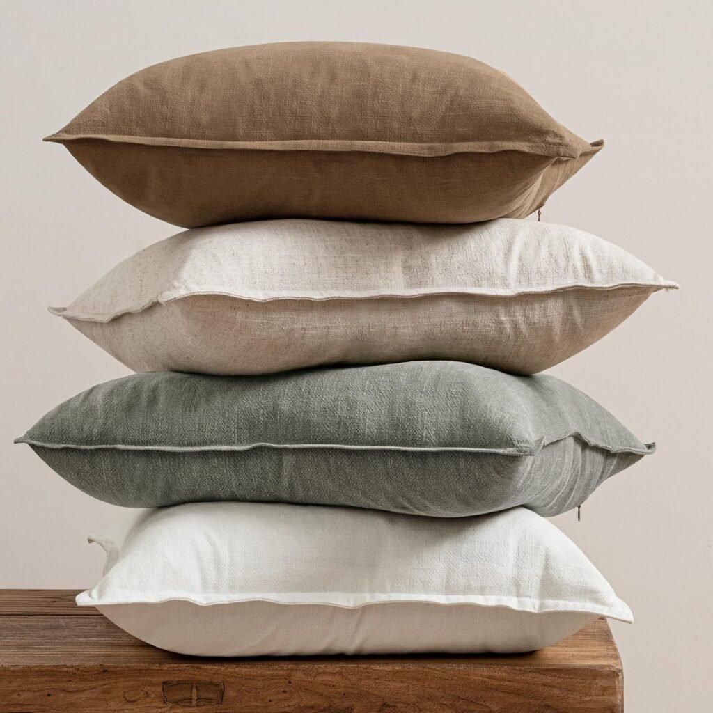 stack of neutral linen throw pillows in earthy tones of white, sage, and clay