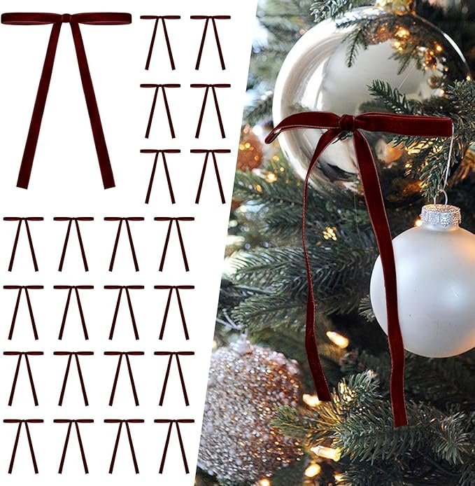 Set of deep burgundy velvet ribbon bows used to hang ornaments on a Christmas tree for a luxurious and classic holiday look.