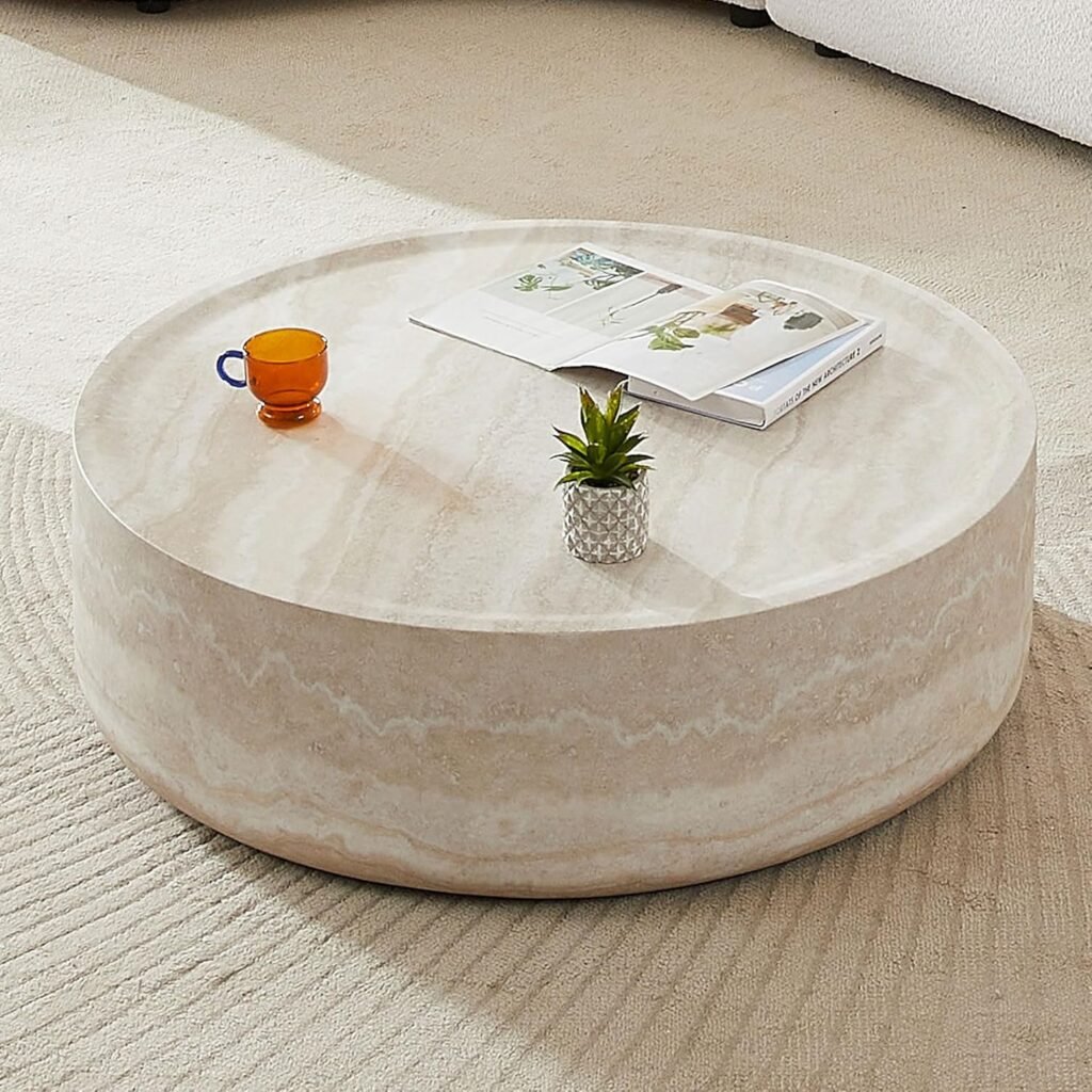 round travertine marble coffee table styled with a plant and magazine in a minimalist living room