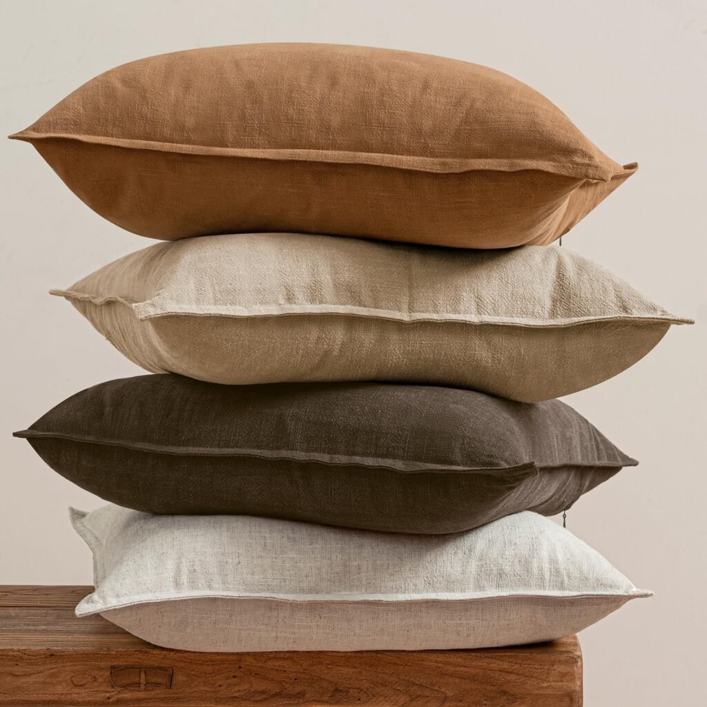 Stack of linen pillows in earthy fall colors including camel, taupe, espresso, and cream.